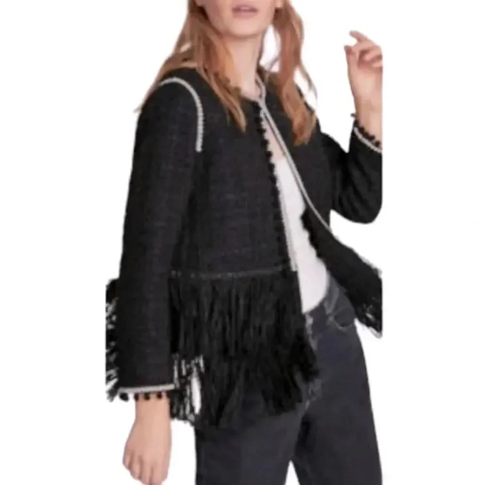 Zara Tweed Fringe Pom Pom Tassels Lined Boucle Jacket Blazer Black Size XS